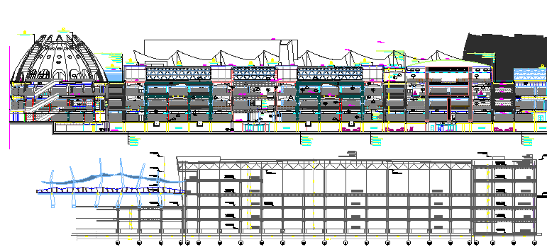 Back elevation and sectional view of traditional type mall dwg file