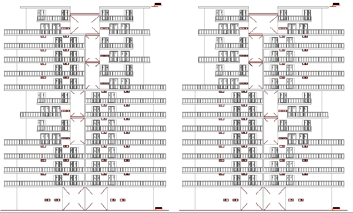Back elevation detailed view of multi-family housing building dwg file
