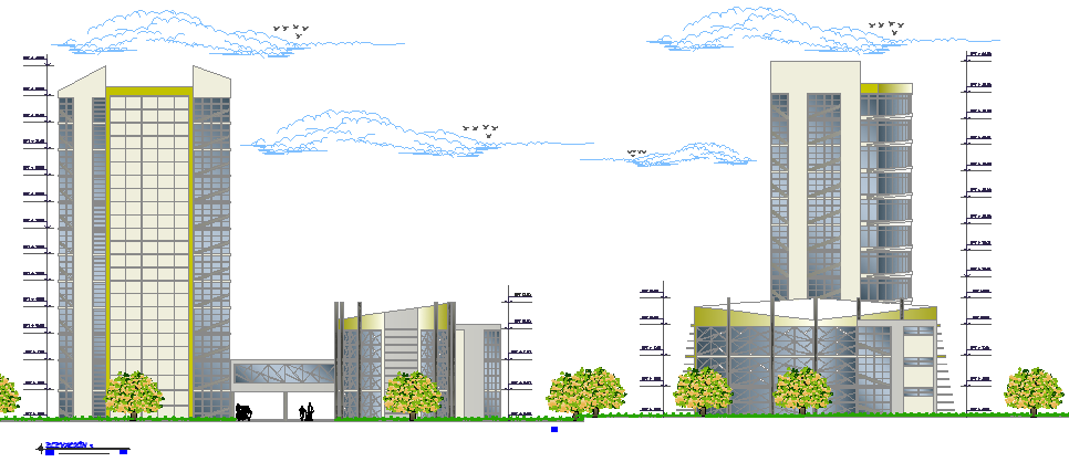 Back elevation of multi-flooring finance center dwg file