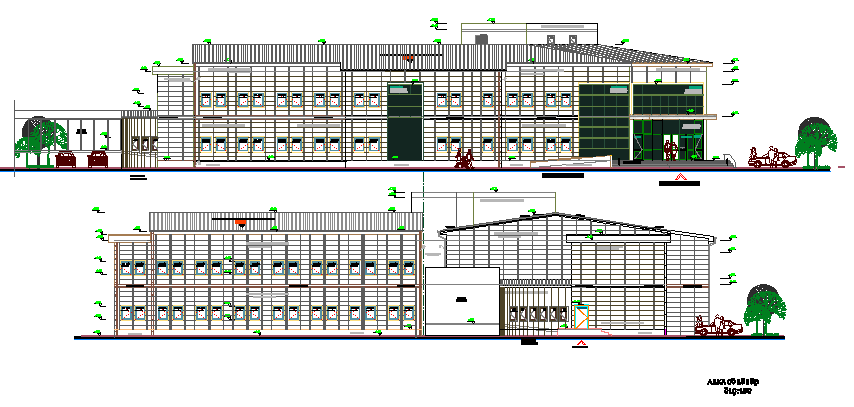 Back elevation view of multi-specialty hospital project dwg file