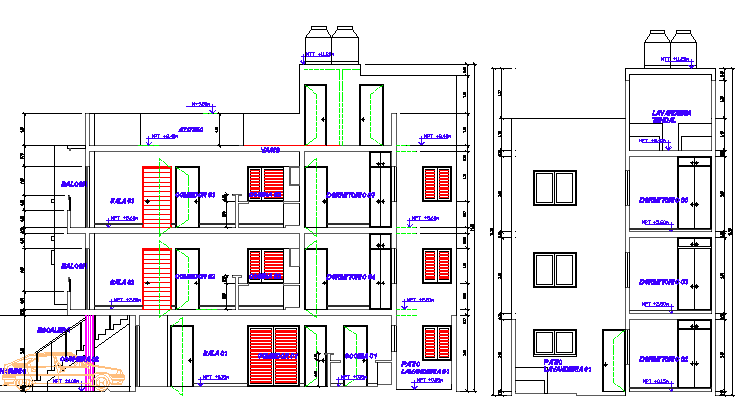 Back section plan of multi-family housing building dwg file
