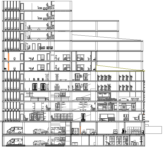 Back sectional view details of multi-level shopping mall dwg file
