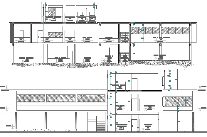 Back sectional view of administrative building dwg file