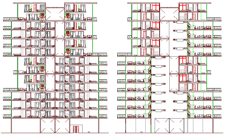 Back side sectional view of multi-family housing building dwg file