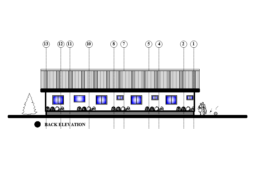 Back elevation of 19x10m house plan is given in this Autocad drawing file. Download now.