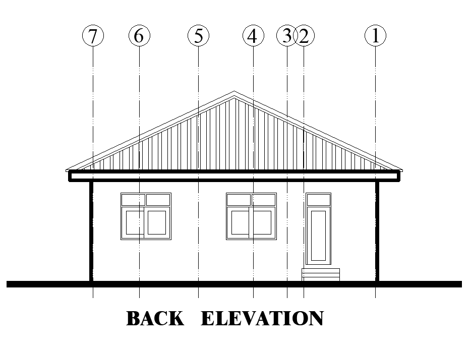 Back elevation of 34’x44’ house plan is given in this Autocad drawing file.Download the 2D Autocad file.