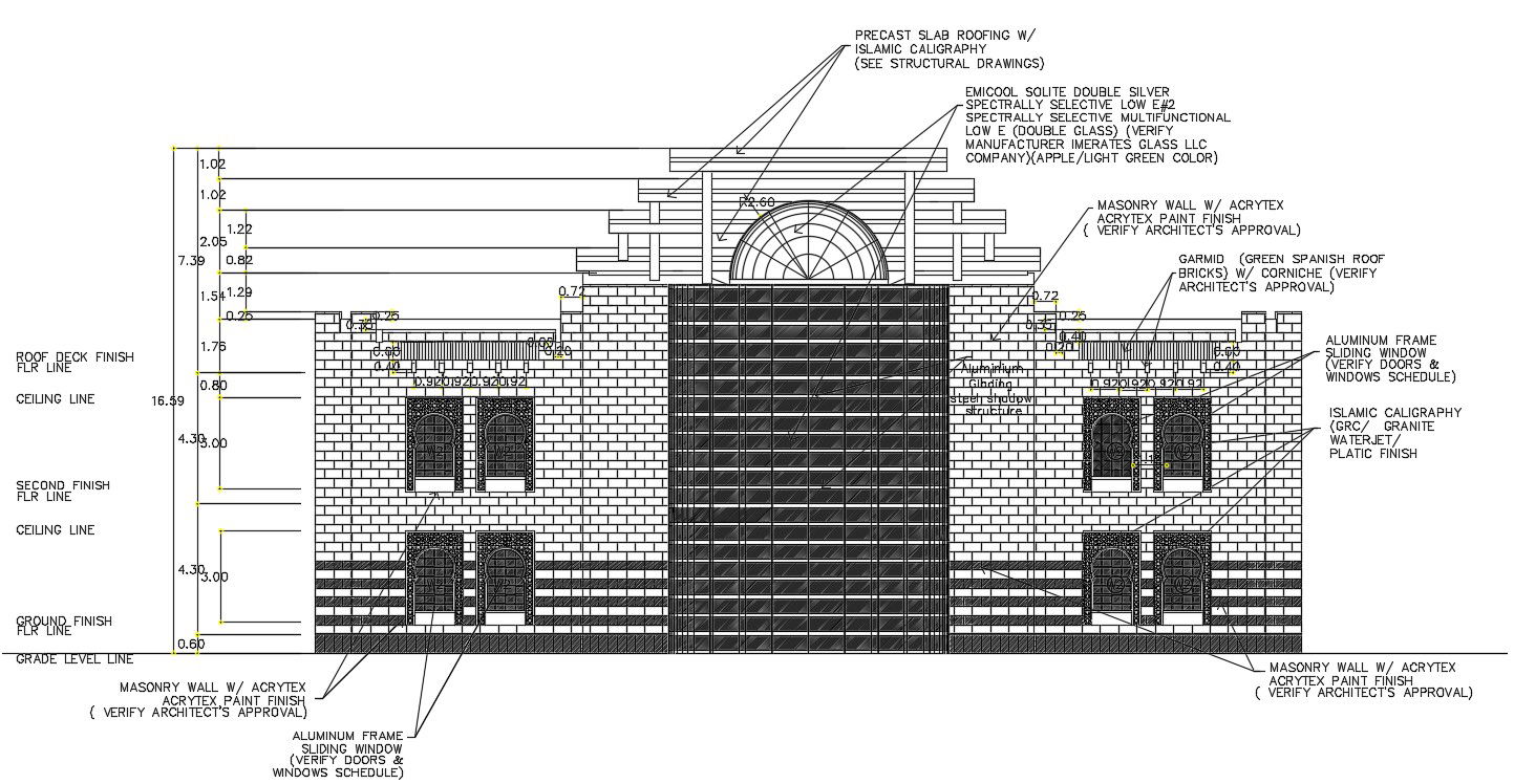 Back elevation of a mosque detail separated in this drawing. Download this 2d AutoCAD drawing file.