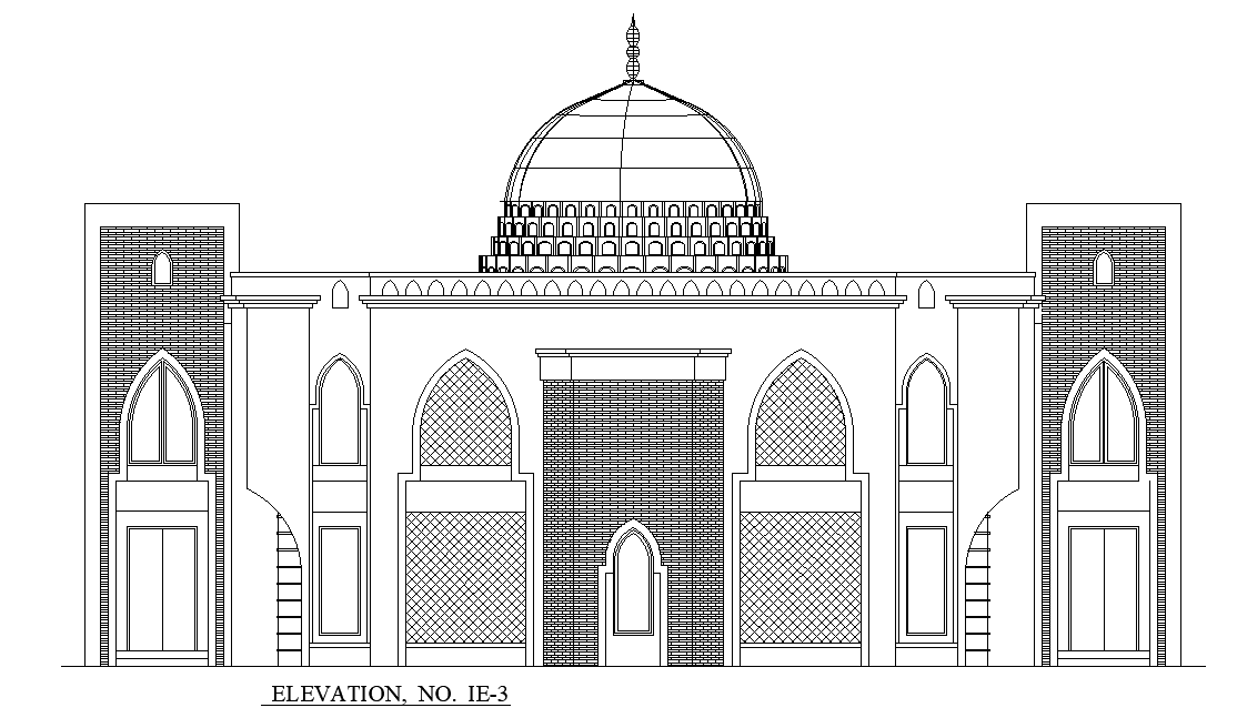 Back elevation of mosque detail drawing provided in this AutoCAD file. Download the AutoCAD file.