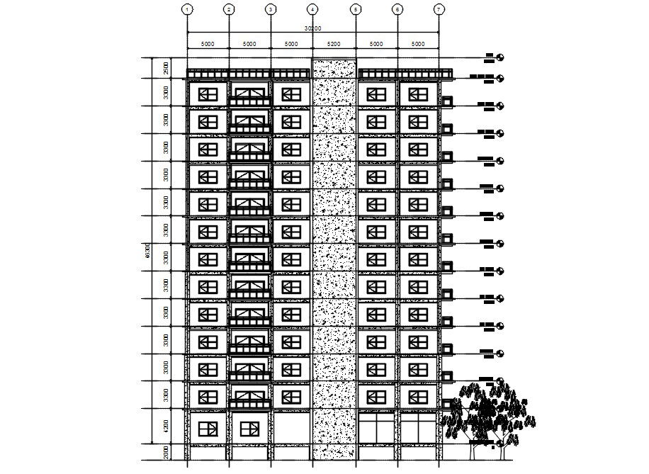 Back elevation of multistorey building in AutoCAD 2D drawing, dwg file, CAD file
