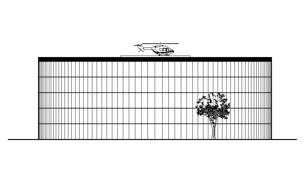 Back elevation view of 85x59m hospital building is given in this Autocad drawing file. Download now.