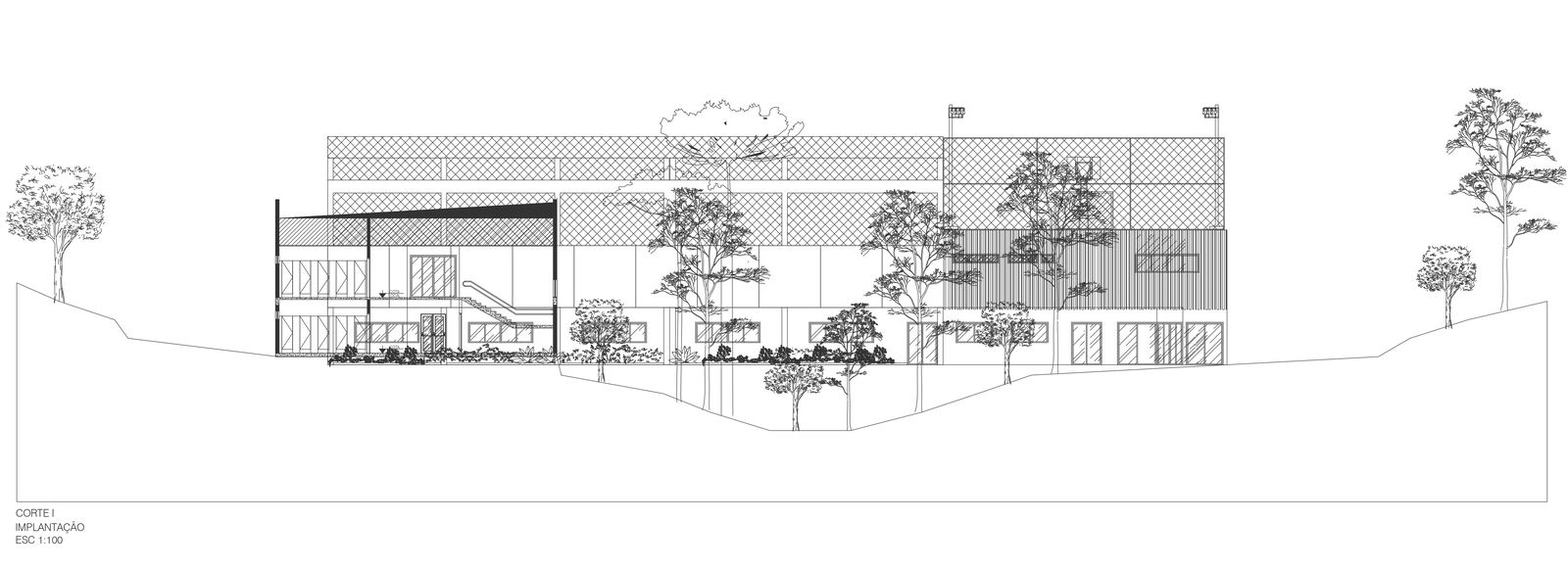 Back elevation with landscaping of L shaped school DWG autoCAD drawing