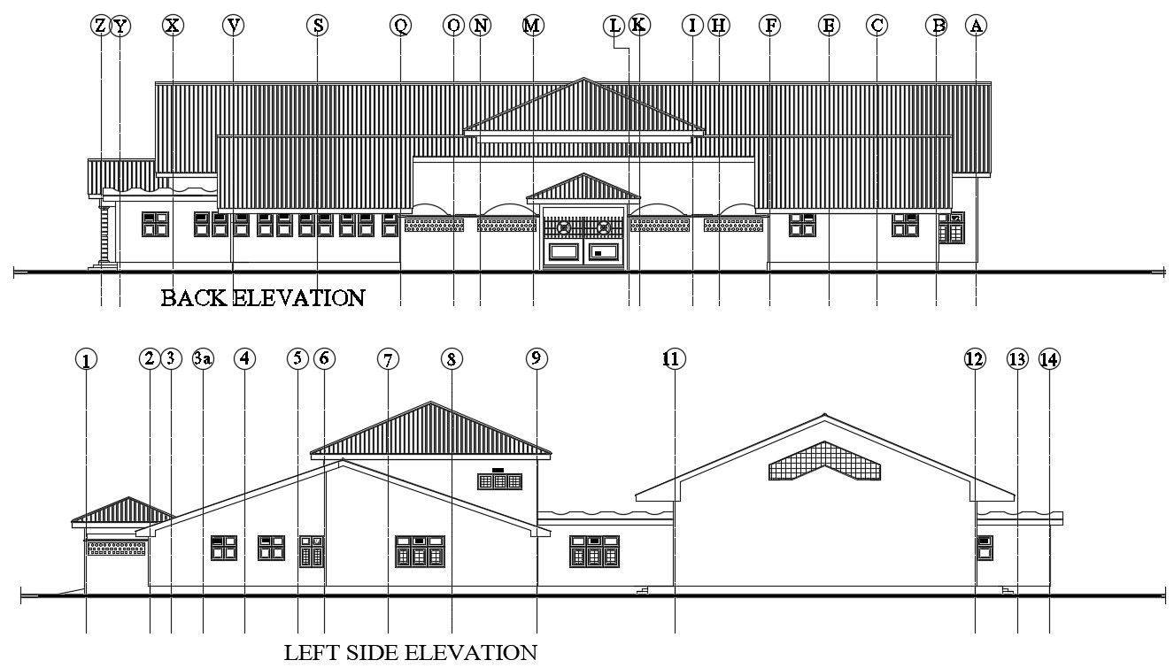 Back & left side elevation view of 49x56m dining hall building is given in this Autocad drawing file. Download now.