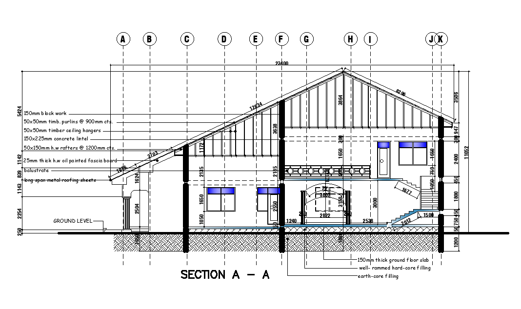 Back section view of 22x20m house plan is given in this Autocad drawing file. Download now.
