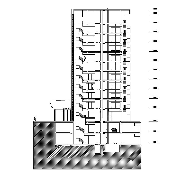 Back section view of 39x39m office building is given in this Autocad drawing file. Download now.