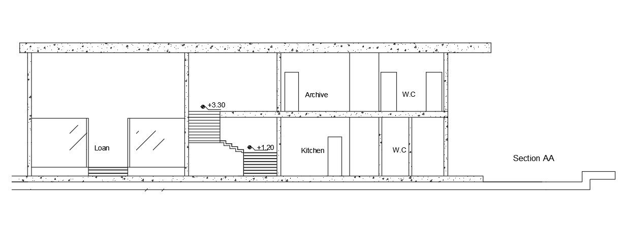 Back section view of 48x32m bank building is given in this Autocad drawing file. Download the Autocad model.