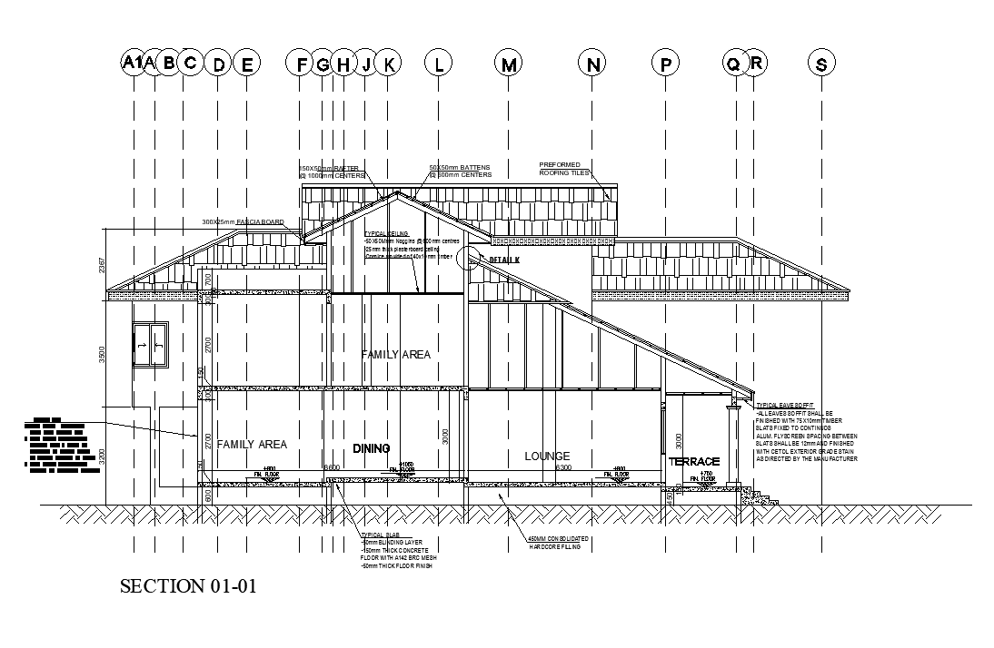 Back side Section view of 26x23m house plan is given in this Autocad drawing file. Download now.