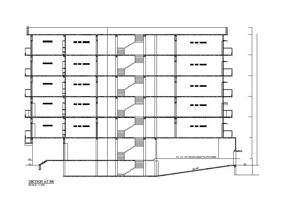 Back side Section view of the G+5 apartment building is available in this Autocad drawing file. Download now.