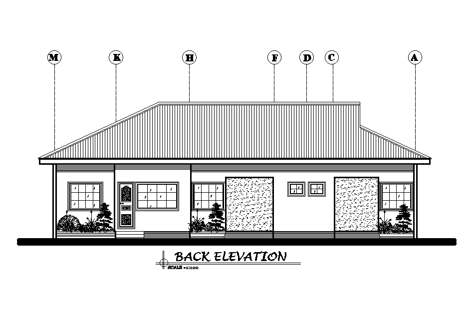 Back side elevation of 17x14m residential plan is given in this Autocad drawing file. Download now.