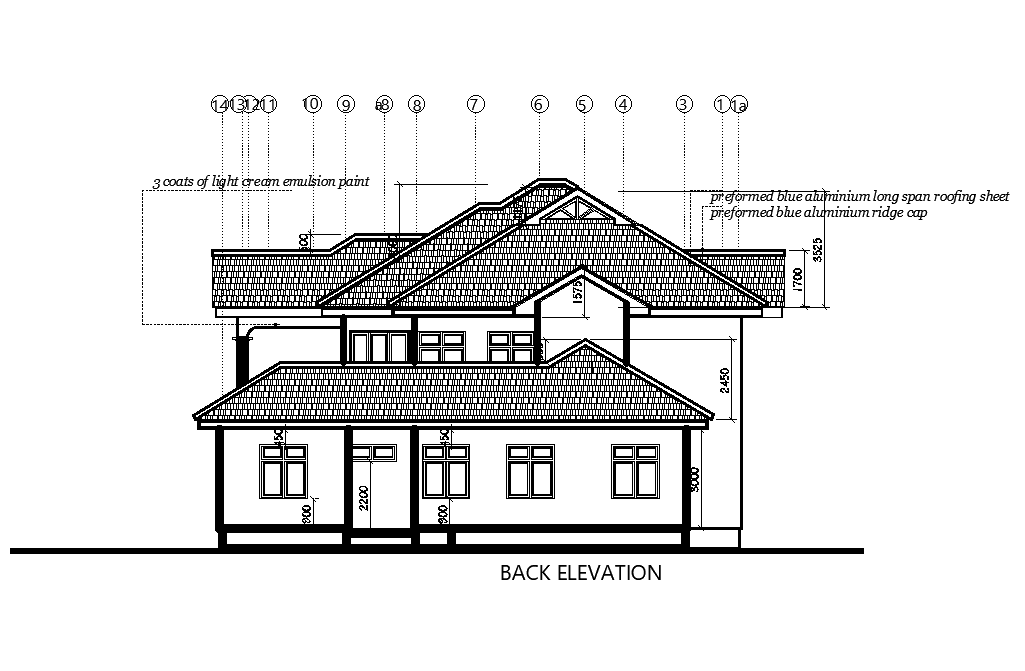 Back side elevation of 21x16m house plan is given in this Autocad drawing file. Download now.
