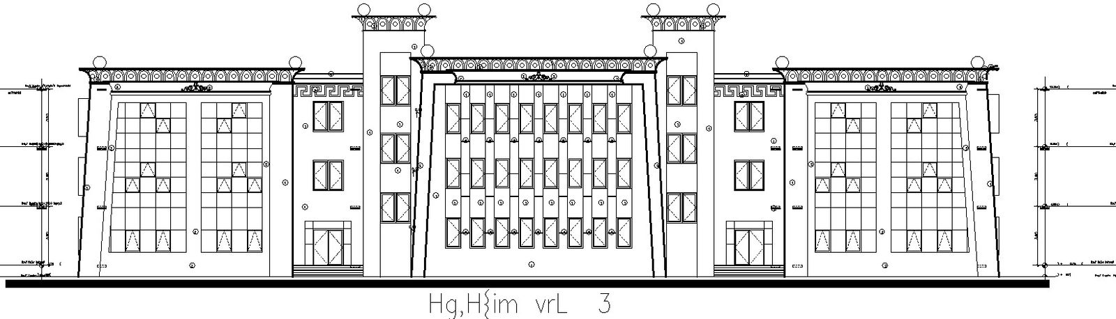 Back side elevation of a university in AutoCAD drawing.