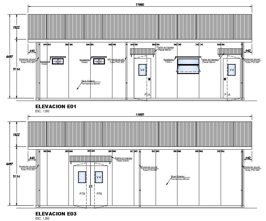 Back side elevation view of 11x10m office building is given in this Autocad drawing file. Download now.