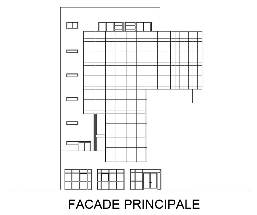 Back side elevation view of 16x9m bank building is given in this Autocad drawing file.Download now.