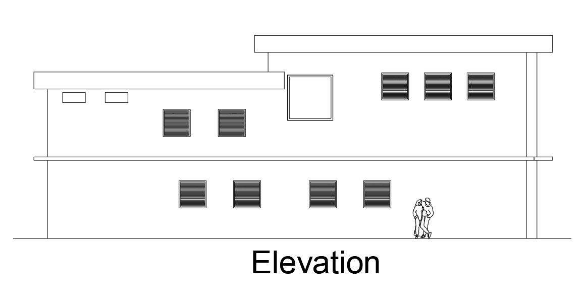 Back side elevation view of 21x14m bank building is given in this Autocad drawing file.Download the file.