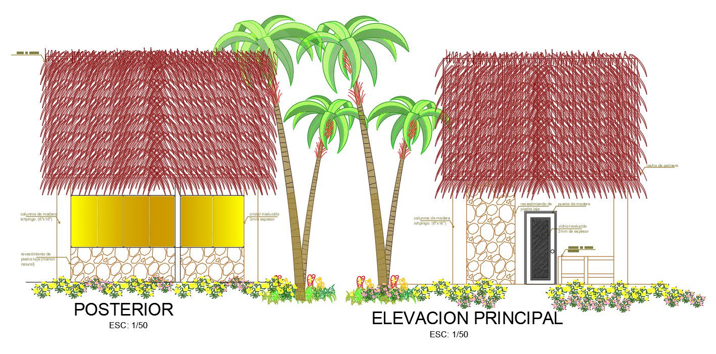 Back side elevation view of 6x7m house building is given in this AutoCAD drawing model. Download now.