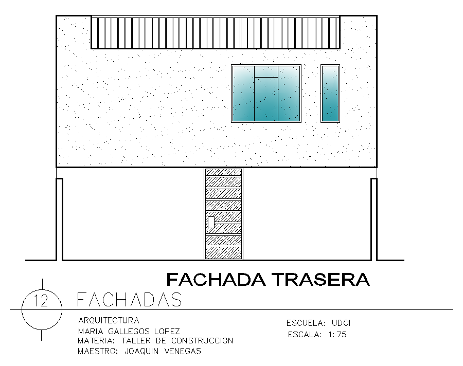 Back side elevation view of 8x17m house building is given in this AutoCAD drawing model. Download now.