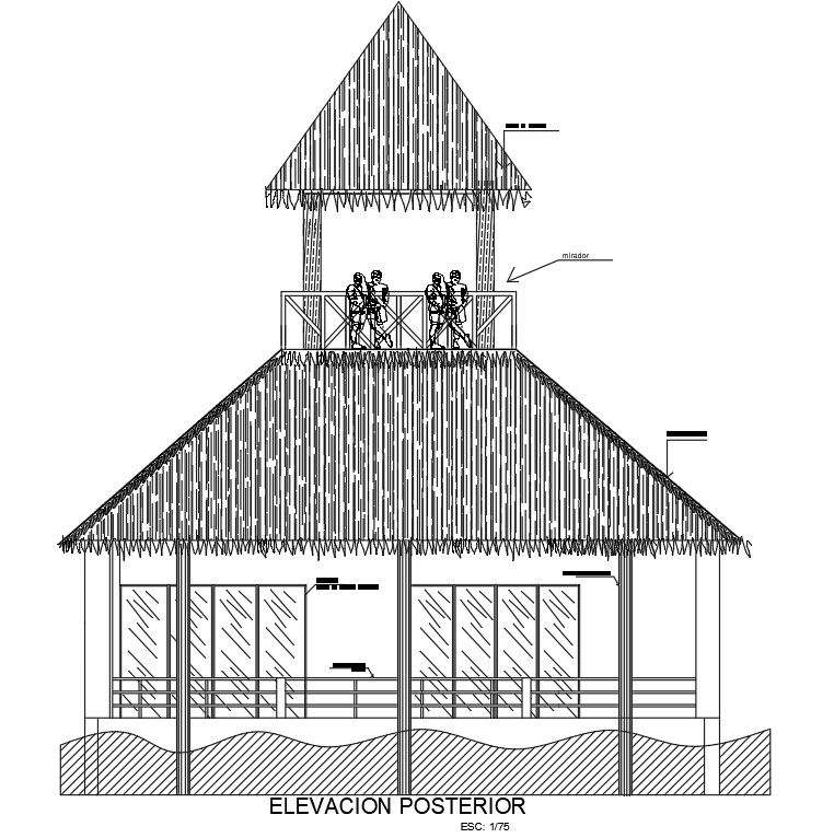 Back side elevation view of Architecture circular shape house building is given in this AutoCAD drawing model.Download now.