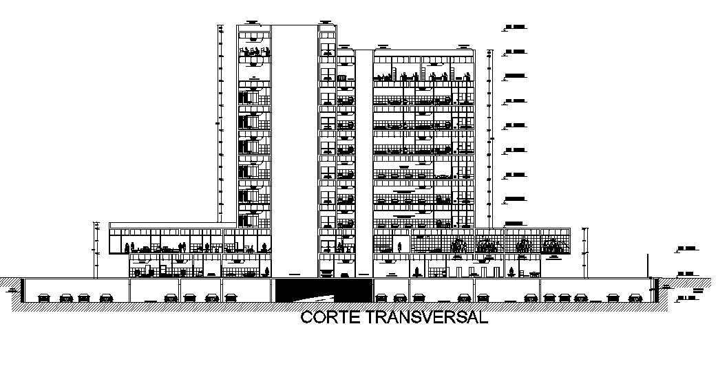 Back side section view of 111x70m hospital building is given in this Autocad drawing model. Download now.