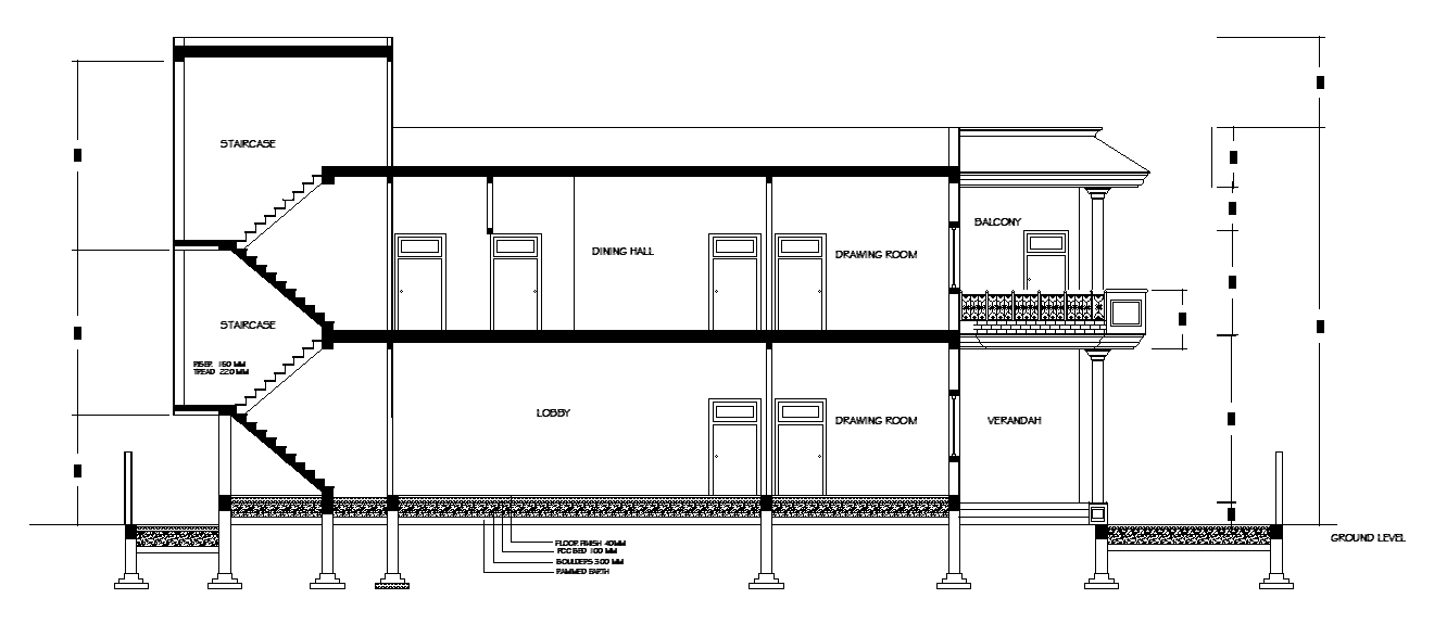Back side section view of 12x8m villa building is given in this AutoCAD drawing model.Download now.