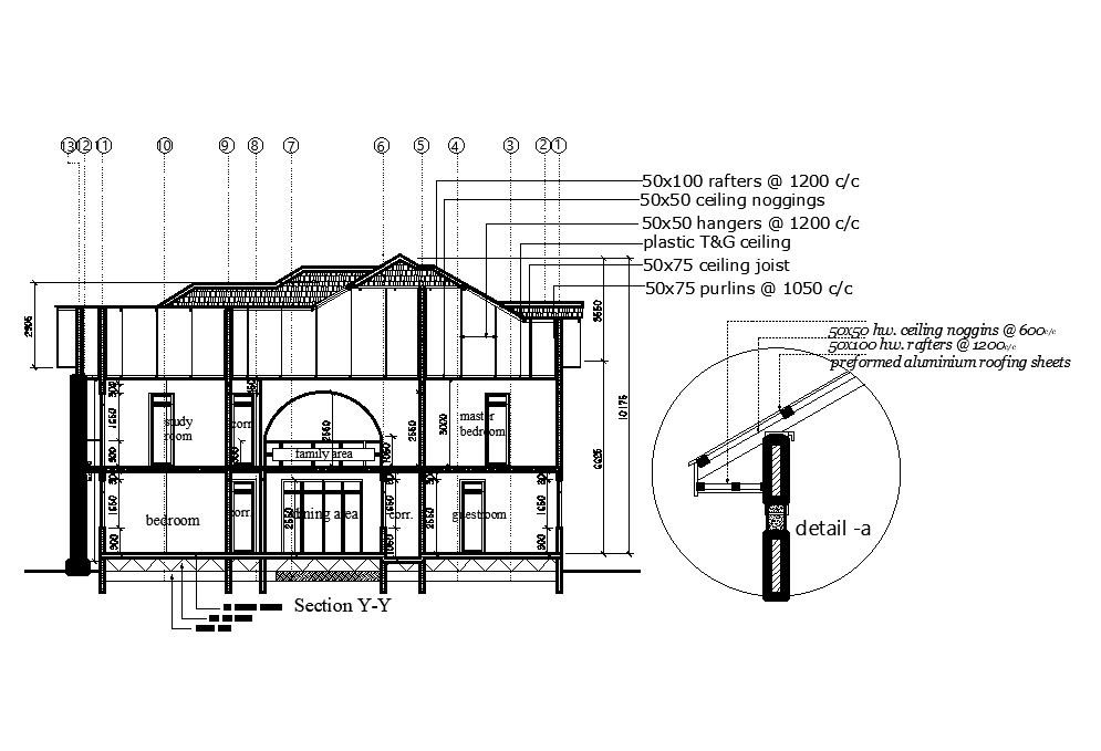 Back side section view of 17x17m ground floor house plan is given in this Autocad drawing file. Download the Autocad drawing file.