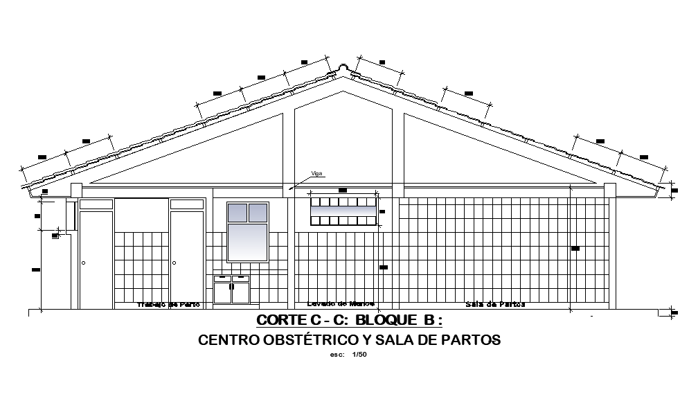 Back side section view of 18x11m hospital obstetric center building is given in this AutoCAD drawing model.Download the Autocad model.