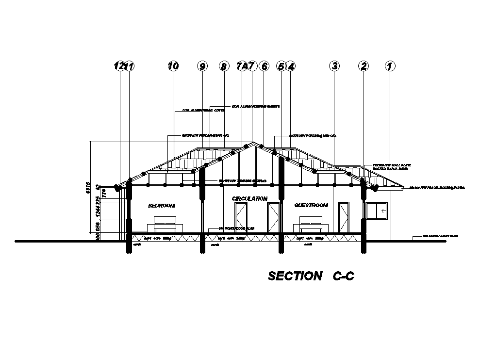 Back side section view of 20x19m house plan is given in this Autocad drawing file. Download now.