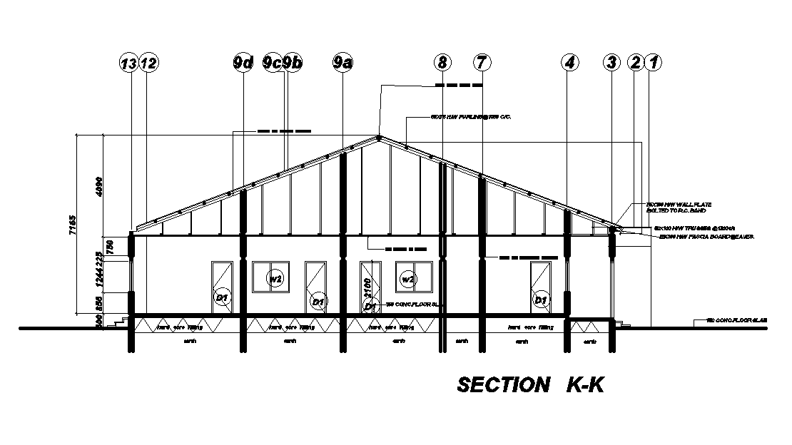 Back side section view of 20x22m house plan is given in this Autocad drawing file.