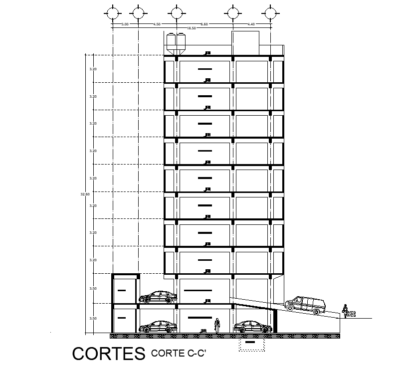Back side section view of 20x27m apartment building is given in this AutoCAD drawing model.Download now.
