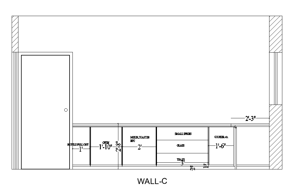 Back side section view of 23’x14’ kitchen is given in this Autocad drawing file.Download now.