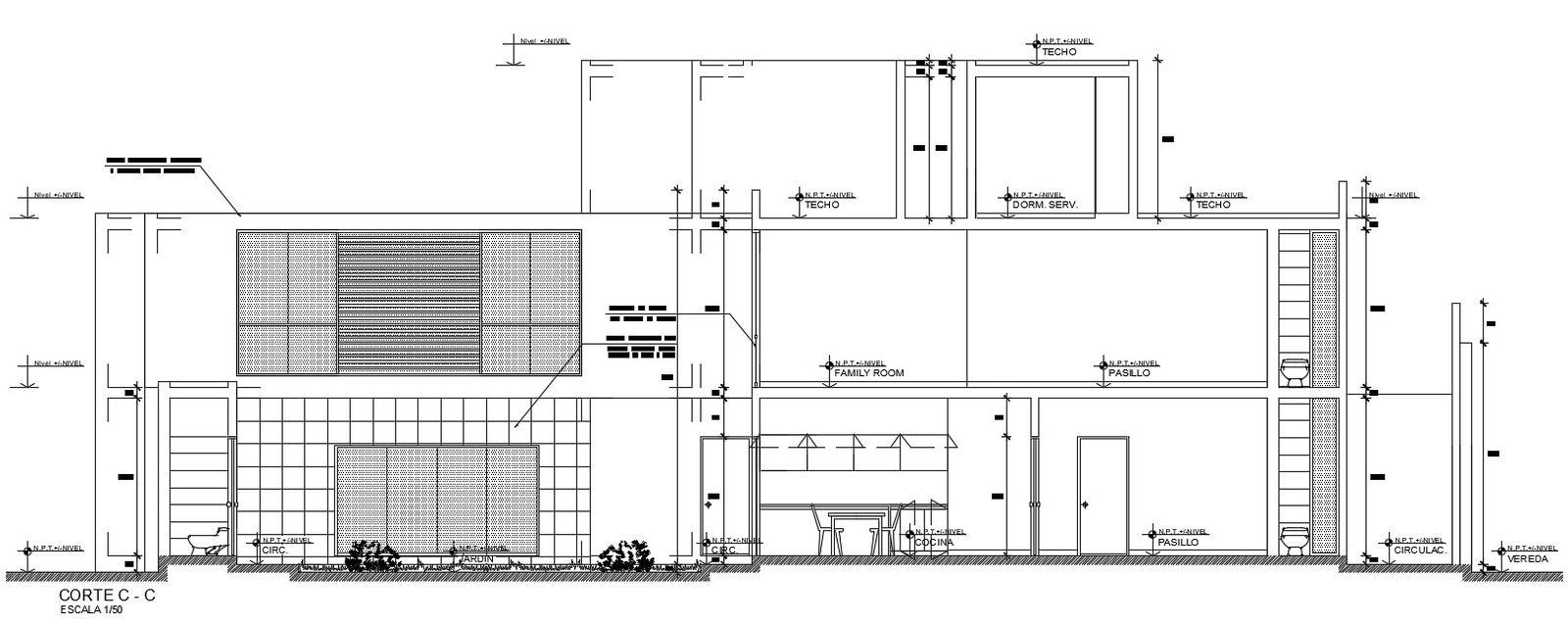 Back side section view of 23x16m first floor house building is given in this Autocad drawing file.  Download now.