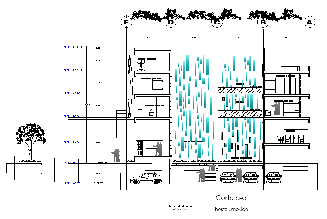 Back side section view of 23x23m hostel building is given in this AutoCAD drawing model.Download now.