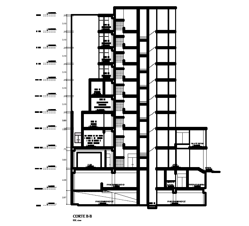 Back side section view of 26x41m office building has been given in this Autocad drawing file. Download now.