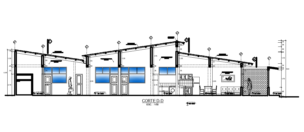 Back side section view of 26x4m house building is given in this AutoCAD drawing file.Download now.