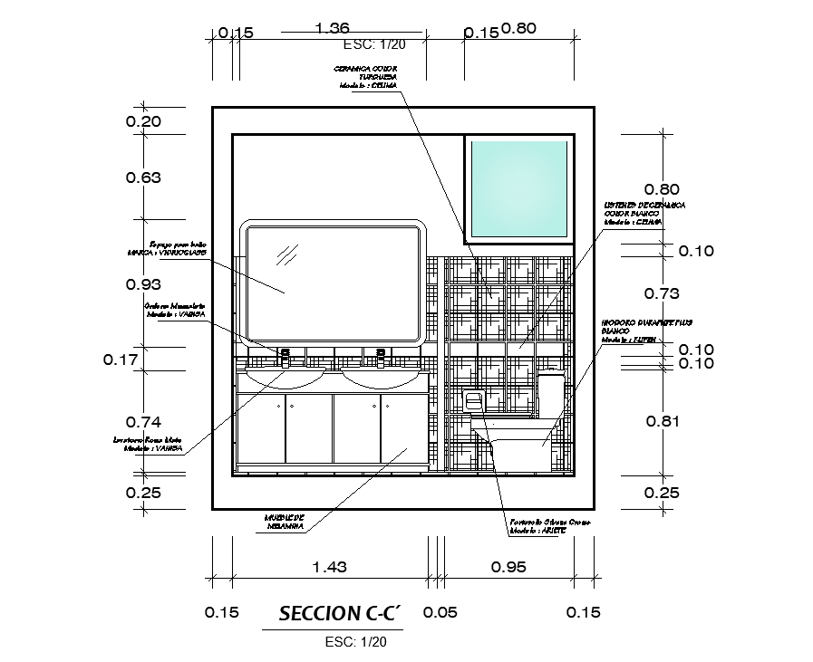 Back side section view of 2.8x2m bathroom is given in this AutoCAD drawing model.Download the Autocad file.