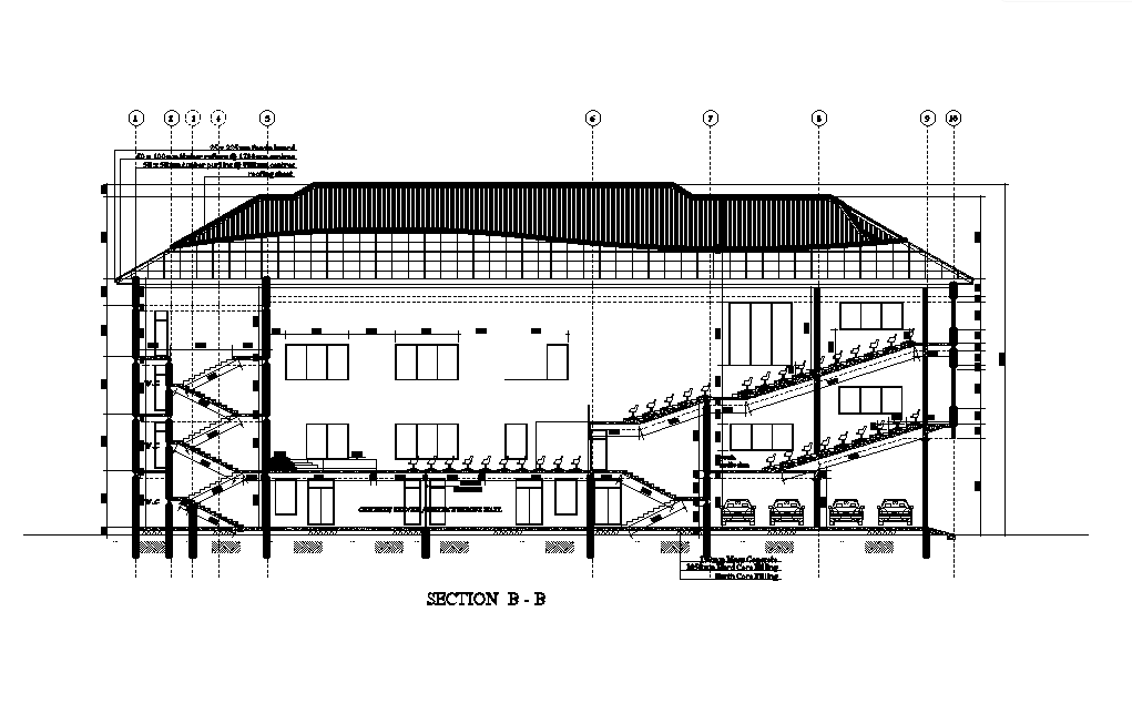 Back side section view of 45x18m church plan is given in this Autocad drawing file. Download now.