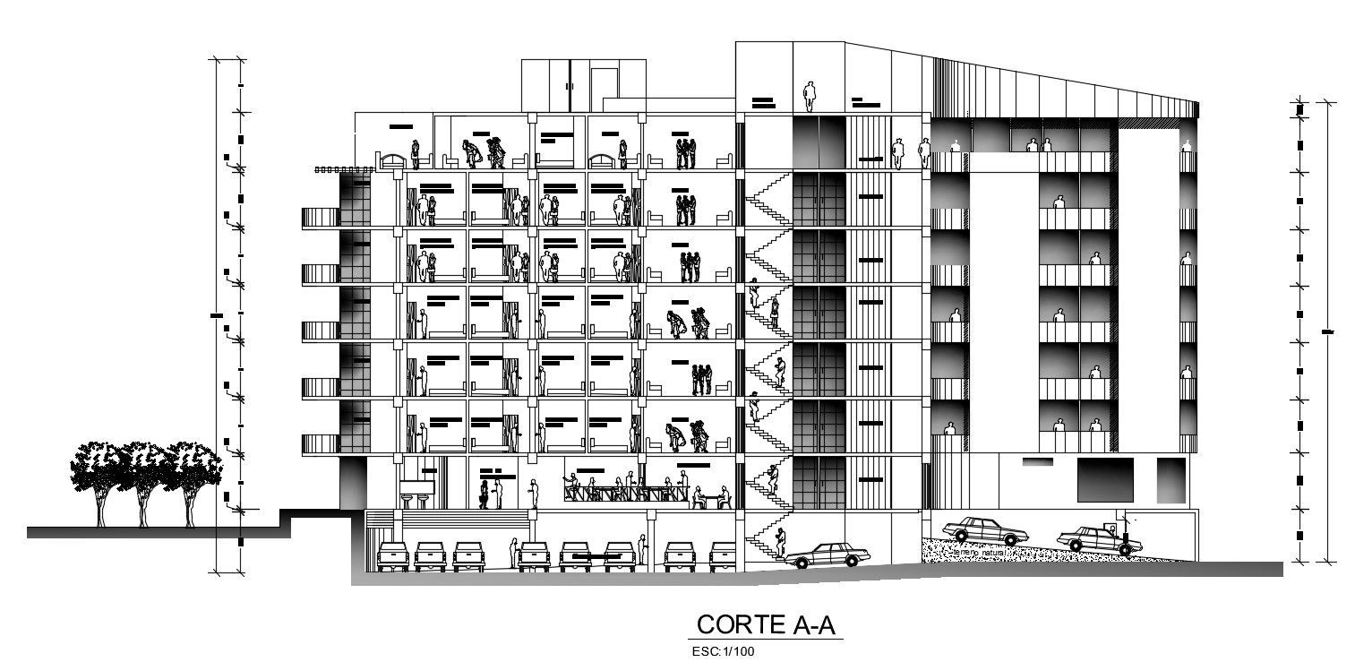 Back side section view of 46x40m hotel cum multifunctional building is given in this Autocad drawing file.Download now.