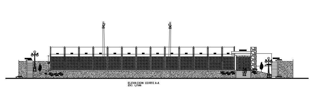 Back side section view of 50x60m public garden cum park is given in this Autocad drawing file.Download now.