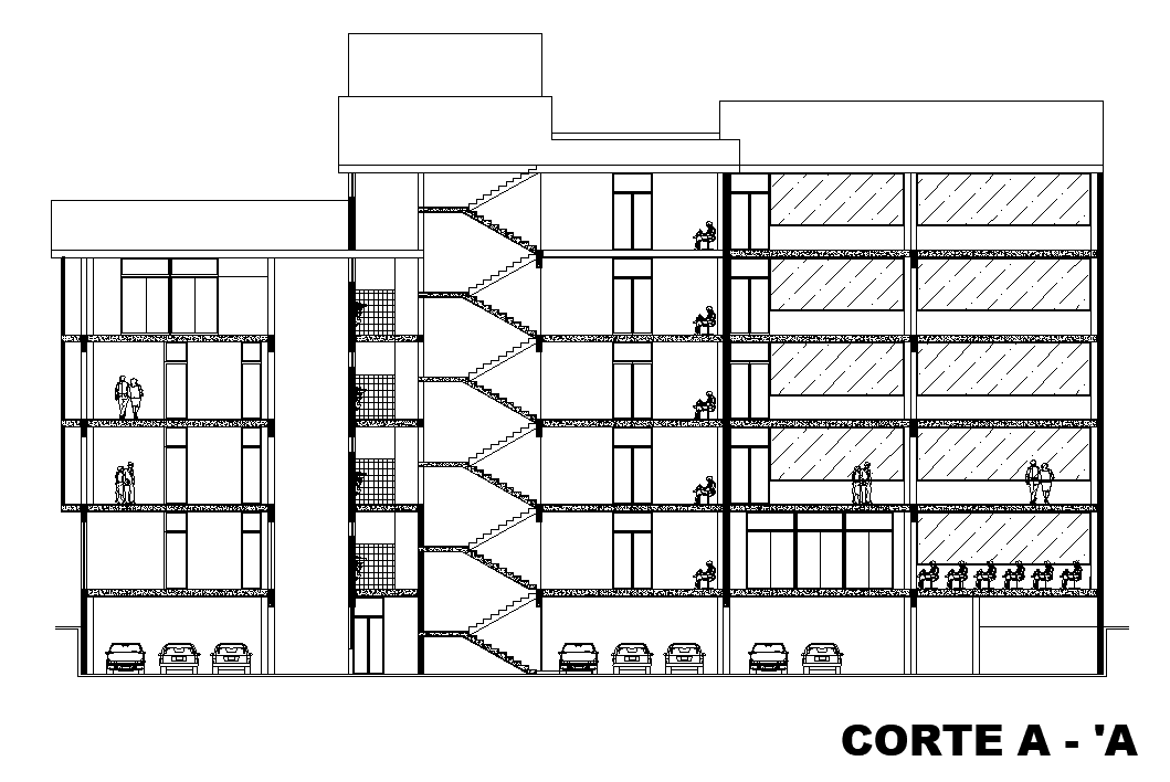 Back side section view of 60x80m University building is given in this Autocad drawing file. Download now.