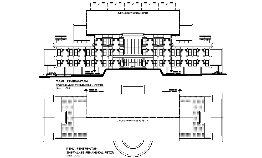 Back side section view of 64x18m office building is given in this Autocad drawing file. Download now.