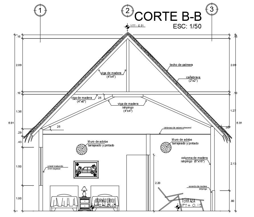 Back side section view of 6x7m house building is given in this AutoCAD drawing model. Download the Autocad model.