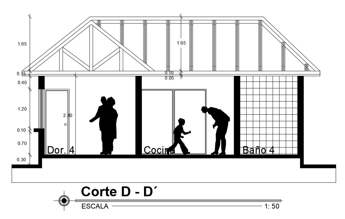 Back side section view of 73’x73’ house building is given in this Autocad drawing file. Download now.